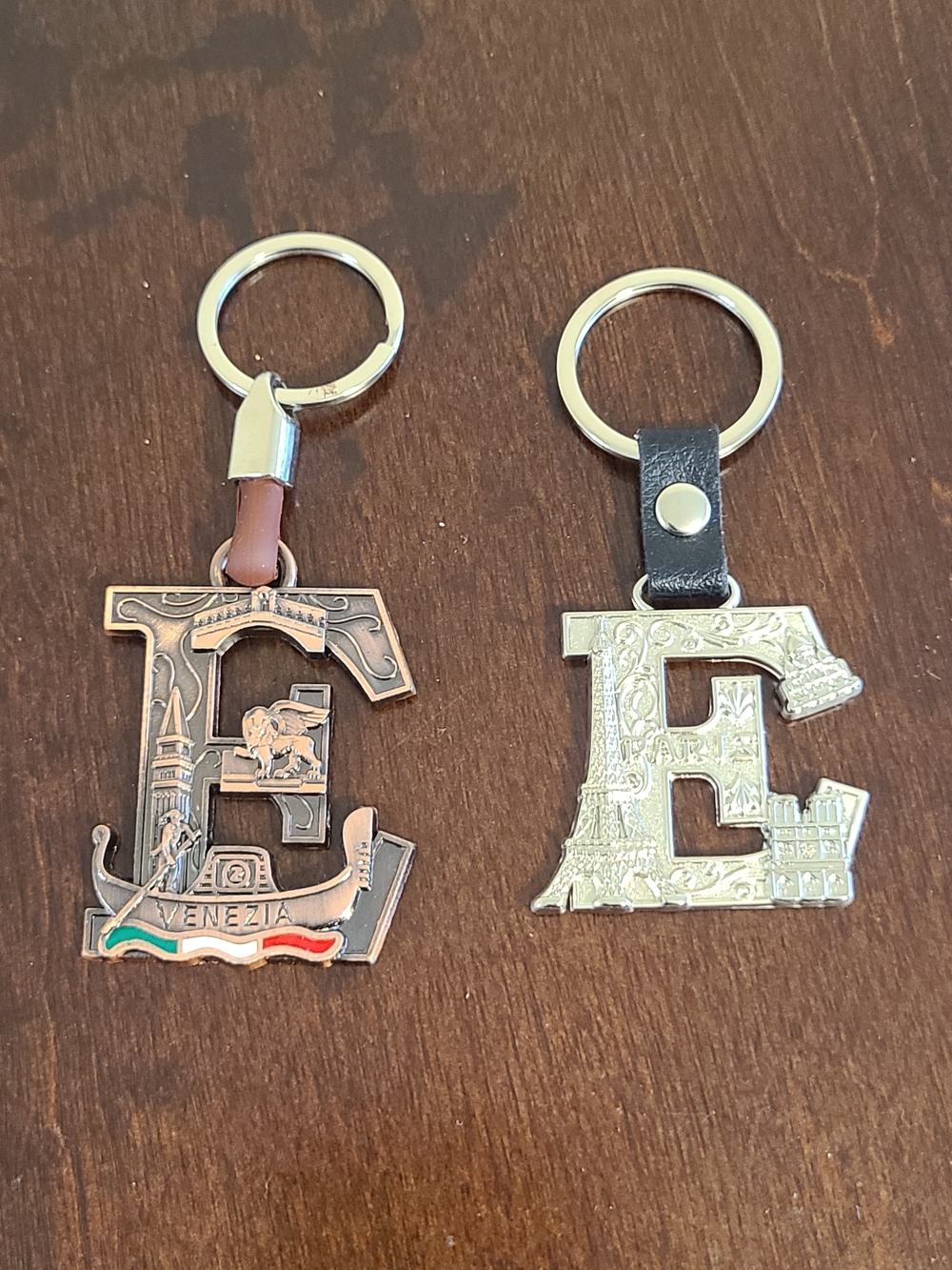 Venice Letter E Keychains - Silver and Antiqued Bronze